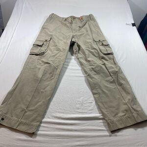 Eddie Bauer Tan Cargo Pants Durable Cotton Blend Wide leg metal Button Hem leg